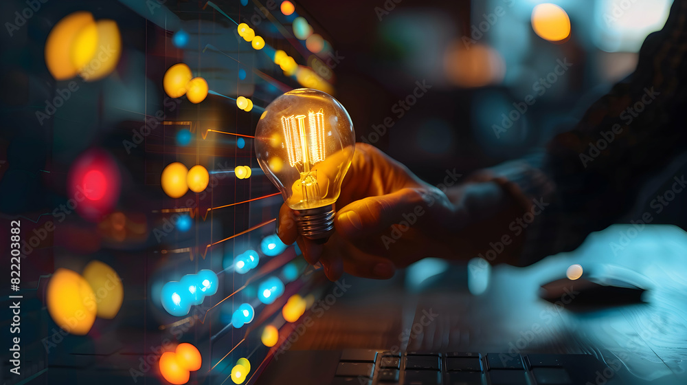 Poster creative project manager concept: professional holding light bulb with gantt chart for planning and 