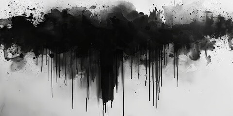 Black ink painting,black cloud of paint dripping down on a white background , lack ink watercolor texture on white