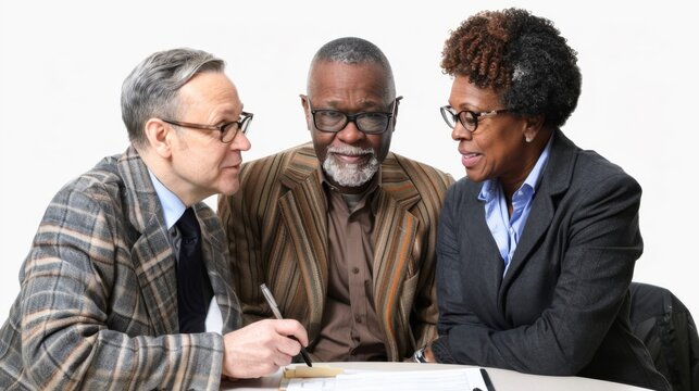 an LGBT couple discussing retirement plans with a financial advisor, looking thoughtful and engaged, on a clean white background.
