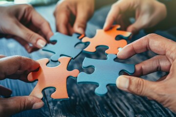 People putting together colorful puzzle.