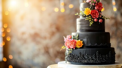 Elegant black wedding cake adorned with dark red flowers and greenery against a rustic background