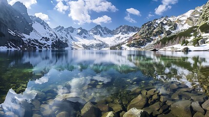 Serene Reflections: Crystal Clear Lake Surrounded by Nature's Majesty. A Tranquil Oasis for Contemplation and Peace. Perfect Harmony of Water, Sky, and Earth