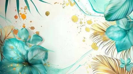 Abstract tropical leaves in teal and gold on a light background with splashes of color.
