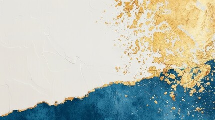 Abstract art with gold and teal accents on a textured white background, featuring metallic splatters.