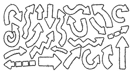 Hand drawn chalked arrows icons set. Free from different curved lines, swirls arrows. Doodle marker drawing, direction pointers