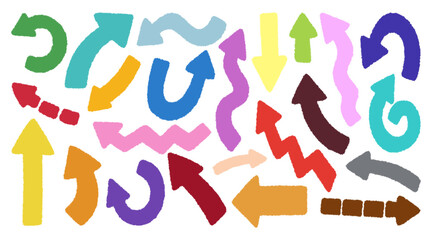 Hand drawn chalked arrows icons set. Free from different curved lines, swirls arrows. Doodle marker drawing, direction pointers