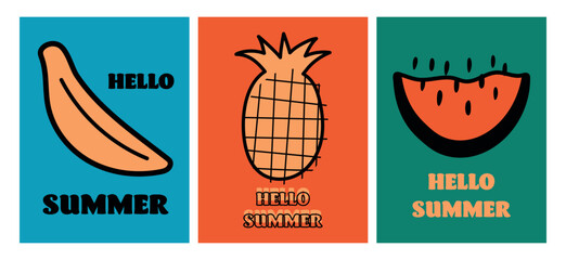 Hello summer poster set with fruits in retro style. Modern vector illustration