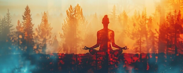Serene yoga pose in nature, close up, focus on tranquility, copy space, image with vibrant colors, Double exposure silhouette with forest landscape
