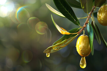 Olive Oil with Leaves Dripping Oil