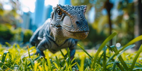 Close-up of a dinosaur toy on grass with a blurred cityscape in the background, symbolizing nature...