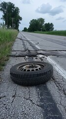 Tire lies on its side along road near the town of New Berlin Wis. after being blown off during strong winds Thursday afternoon.