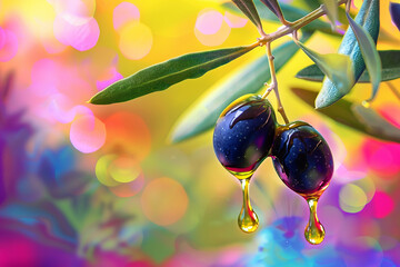 Olive with Leaves on Colorful Background with Dripping Oil