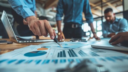 In the image, individuals engage in a business discussion over charts with a focus on analysis and strategy A pen highlights key data points