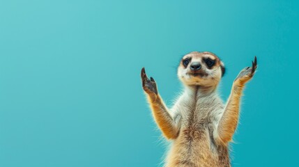 Captivating Meerkat Standing Upright with Paws Raised on a Crisp Blue Background, Exhibiting a Watchful Stance. Funny animal for banner, flyer, poster, card with copy space