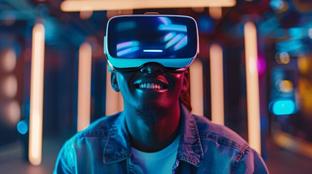 Young African American tech enthusiast in a blue virtual reality setting smiling at futuristic possibilities