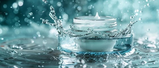 A close-up of a jar of moisturizer in a splash of water.