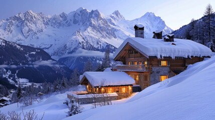 A cozy cabin with a fireplace and a view of snow-covered mountains. The cabin is surrounded by a snowy landscape, giving it a peaceful and serene atmosphere