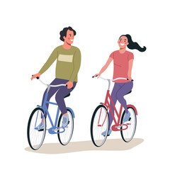 Young woman and man on  bicycles isolated. Vector flat cartoon illustration.