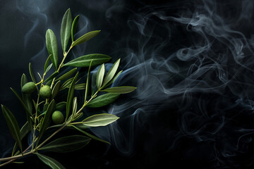 Olive with Leaves Surrounded by Smoke Against Black Background