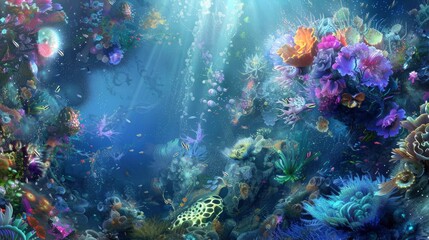 A colorful underwater scene with a variety of fish and plants. Scene is peaceful and serene, as the vibrant colors of the coral and fish create a sense of calmness and tranquility