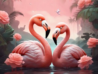 Naklejka premium Two pink flamingos wade in water surrounded by pink roses
