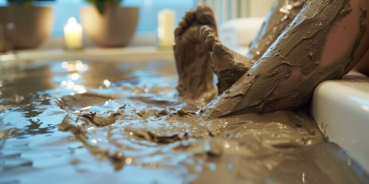Relaxing mud bath therapy session with warm candles. Close-up of feet immersed in therapeutic mud, enhancing relaxation and wellness.