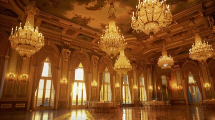 Obraz premium A large room with gold chandeliers hanging from the ceiling. The room is filled with tables and chairs, and the walls are adorned with gold decorations. The atmosphere is elegant and luxurious