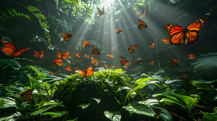A powerful image highlighting the importance of conserving butterfly habitats, featuring a lush, protected area teeming with butterflies thriving in their natural environment.