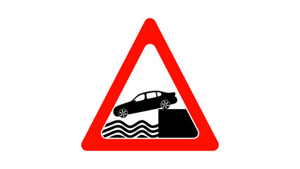 road sign car falling into water, black and red isolated silhouette