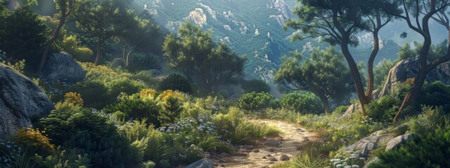 Obraz premium A serene, mountain trail background with winding paths and peaceful scenery.