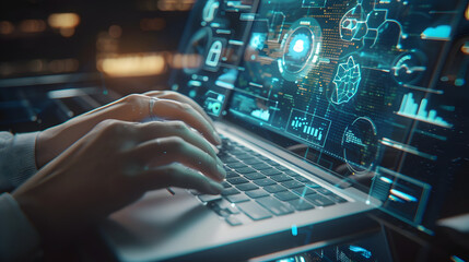 Person typing on laptop with information on screen, ideal for tech blogs, educational websites, remote work concepts, and online learning materials.