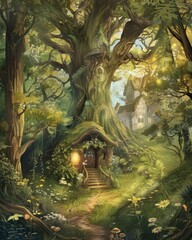 A painting of a forest with a small house and a treehouse. The mood of the painting is peaceful and serene