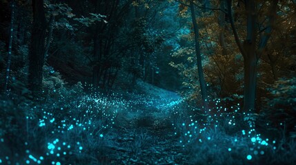 A forest at night with glowing blue lights