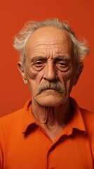 Coral background sad european white man grandfather realistic person portrait older person beautiful bad mood old man