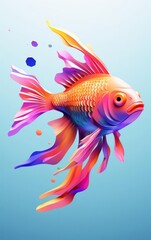 Fototapeta premium A vibrant, abstract goldfish with colorful fins and tail against a blue background.