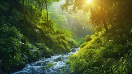 A river with a lot of trees and a bright sun shining on it