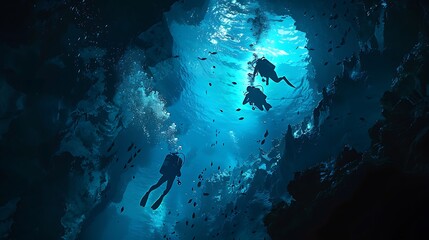 Fototapeta premium Adventure Beneath the Waves: Divers Discovering the Enigmatic Depths of the Ocean with U-89BF3 Submarine Exploration - Captivating Exploration Photography.