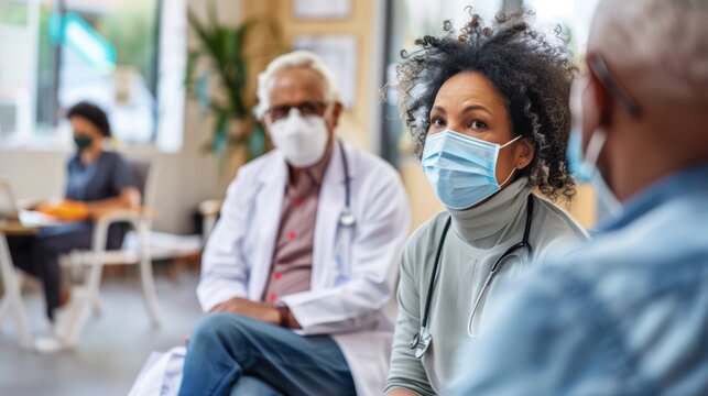 Black female doctor inquires about the condition of a senior man wearing a mask to prevent COVID-19 In the hospital waiting room