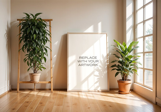 Frame Interior Canvas Wall Art Poster Room Mockup Template with Generative AI