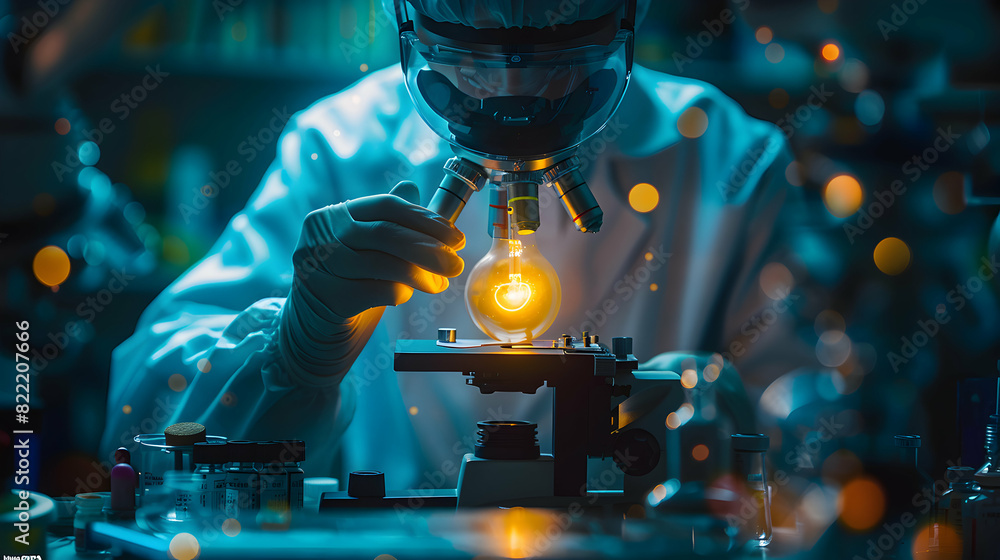 Poster scientist with light bulb and microscope discovery and development of new ideas in science concept