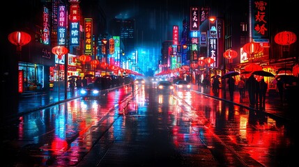 Obraz premium Vibrant neon-lit street at night with reflective wet pavements, bustling with people and colorful signs in an urban city.