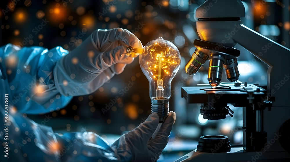 Poster scientist with light bulb and microscope concept of discovering new scientific ideas and development