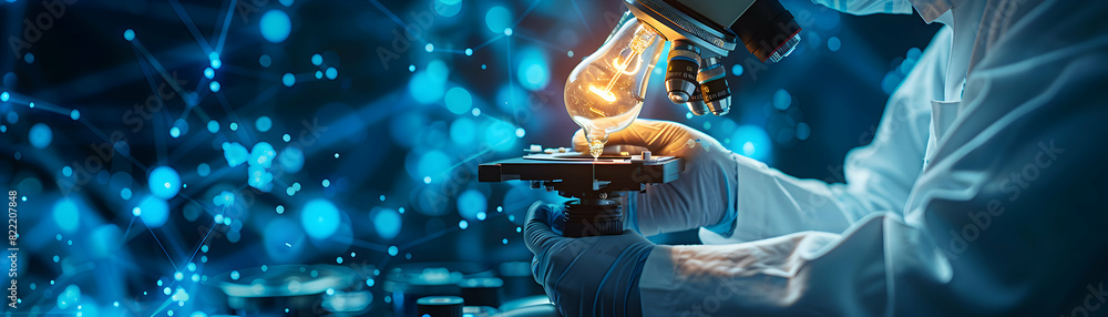 Poster photo realistic scientist with light bulb and microscope representing discovery and development of n