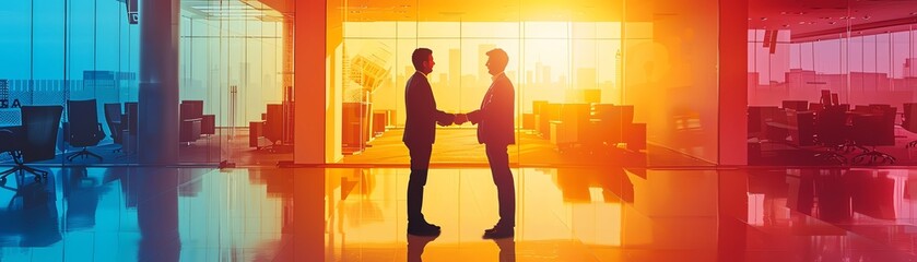 Successful meeting in modern office, focus on handshake, copy space for logo, brightly colored image, Double image silhouette with blueprint designs