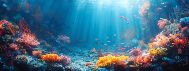 Fototapeta premium A serene underwater kingdom with mermaids, vibrant coral reefs, and sunken treasures.