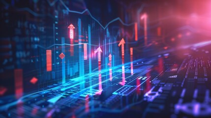 This image depicts glowing arrows pointing upwards over a digital landscape, symbolizing growth, progress, or increasing trends in a technology context