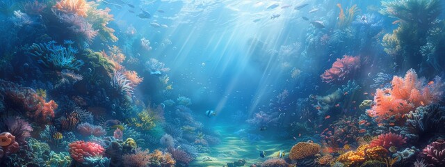 Fototapeta premium A serene underwater kingdom with mermaids, vibrant coral reefs, and sunken treasures.