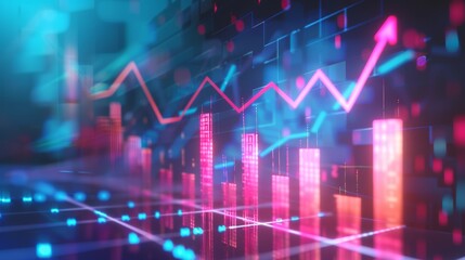A dynamic and colorful representation of a stock market graph featuring rising and falling lines, shimmering bars, and glowing dots on a dark background
