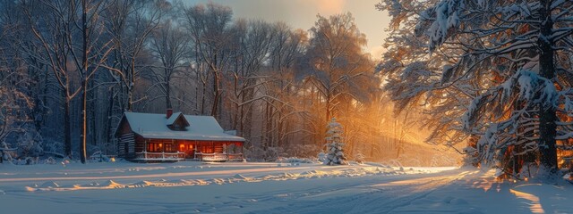 A serene winter landscape with snow-covered trees, a cozy cabin, and gentle snowfall. Peaceful and magical.