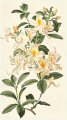 An illustration of a Rhododendron arboreum, with white and yellow flowers.